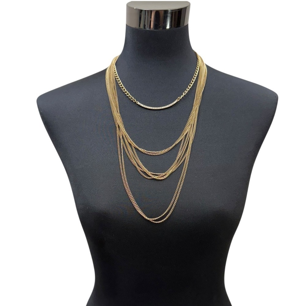 Gold Tone Multi Layered Chain Necklace Rhinestone Bar Statement Jewelry 14.5in L